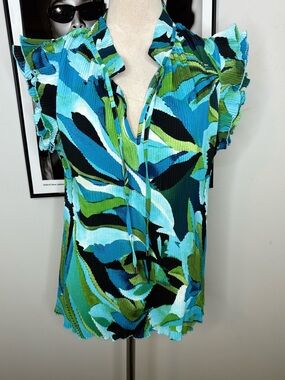 DKNY Pleated Tropical Print Top in Blue, Green & Black